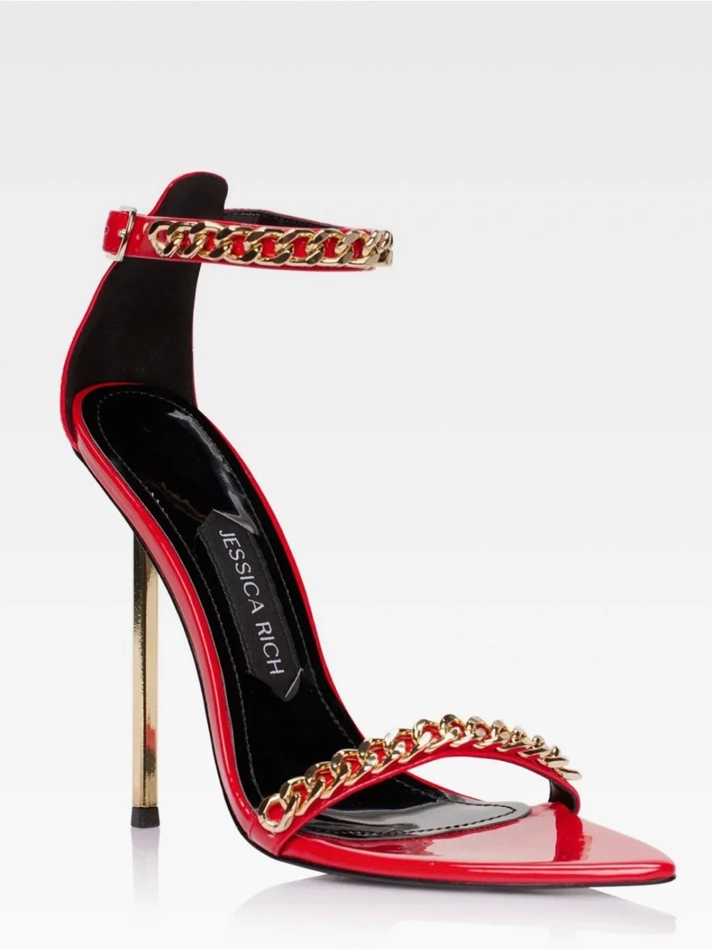 Jessica Rich Monaco Sandals Red Patent Gold Chain Heel Ankle-Strap Stiletto NEW